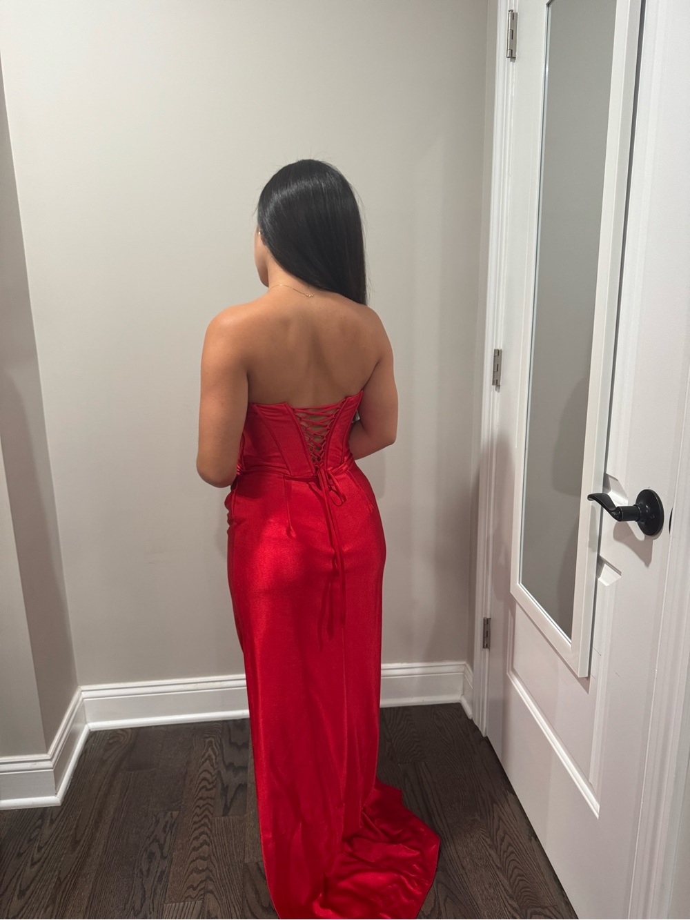 Bluebell Collection Strapless Red Satin Lace-Up Back Prom Dress ALISHA LAUREN